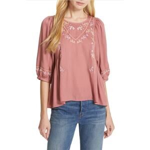 Anthropologie Dolan Pink Rose Embroidered Half Sleeve Top